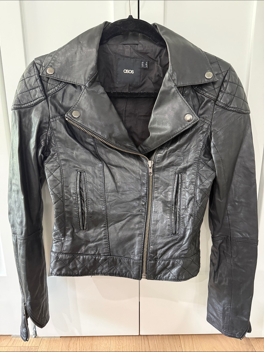 ASOS Black Quilted-Trim Leather Moto Jacket